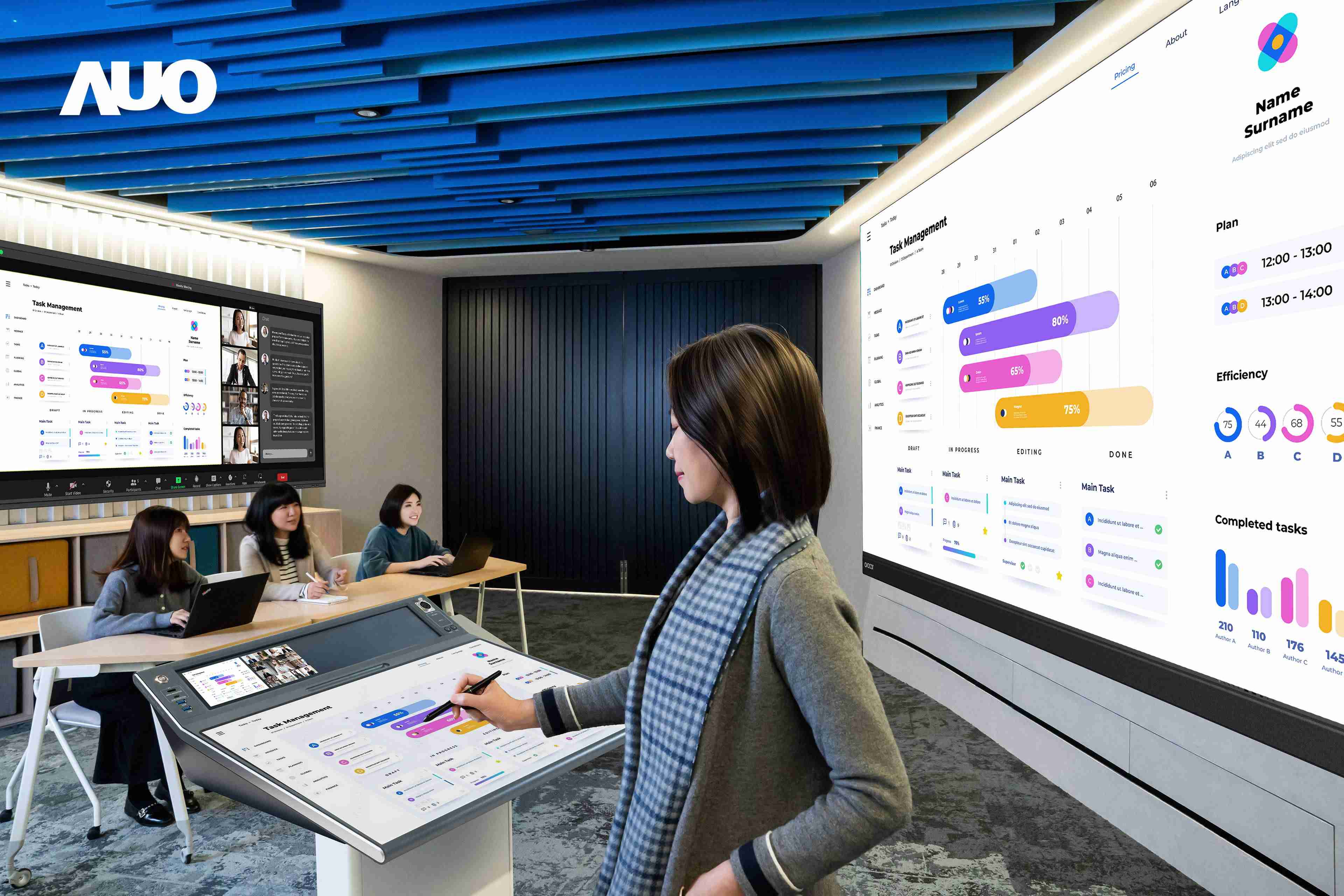 达擎携手Avocor与Rise Vision展示全方位商务领域应用，，包含采用模块化设计的138吋一体式All-in-One LED显示器及具21:9超宽比例的92吋交互式电子白板（IFPD），，讲者可轻松分享内容，，，有效提升会议协作效率。。